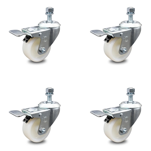 3 Inch Nylon Swivel 12mm Threaded Stem Caster Set with Total Lock Brake SCC